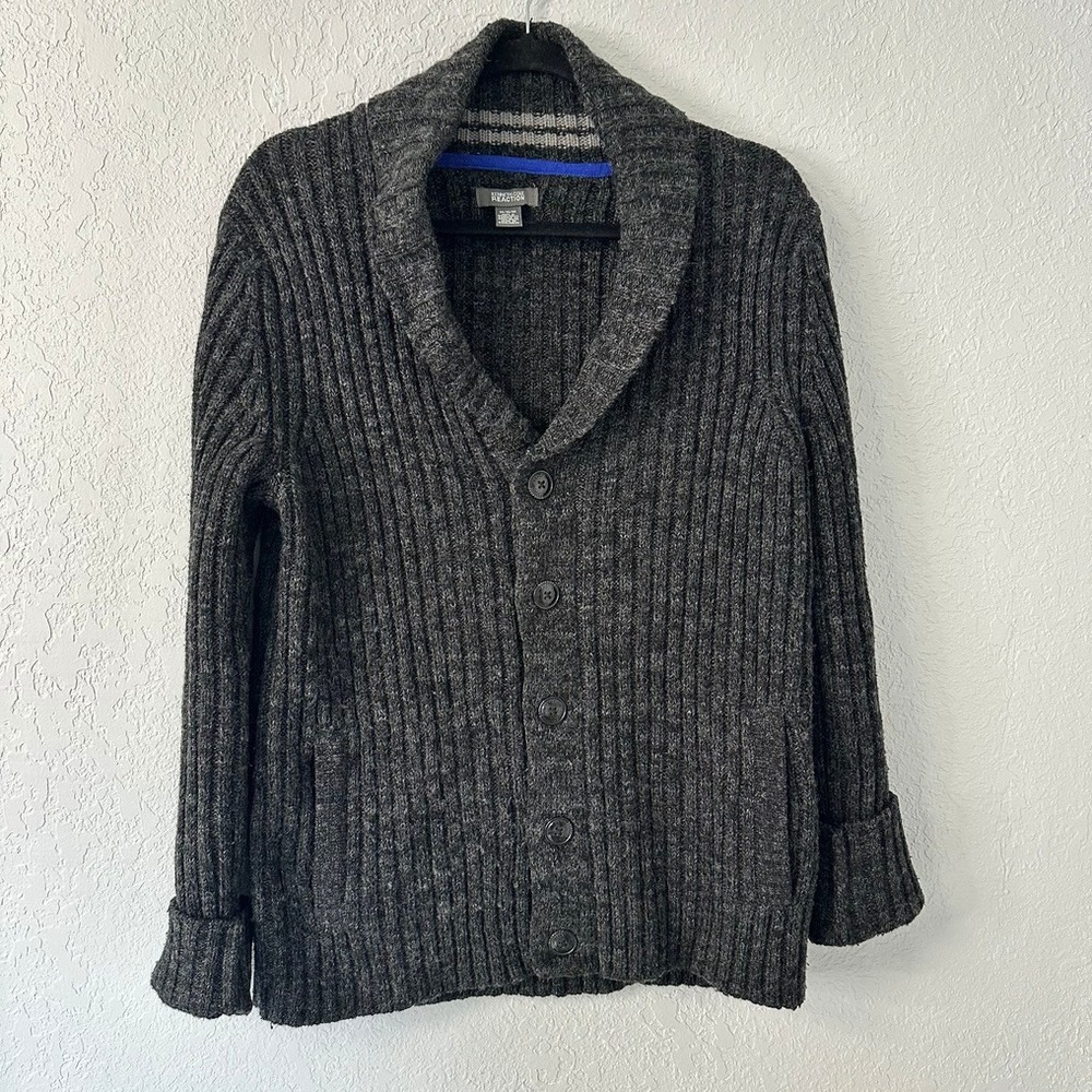 Kenneth Cole Reaction sweater cardigan men's medium Grandpa heather gray varsity
